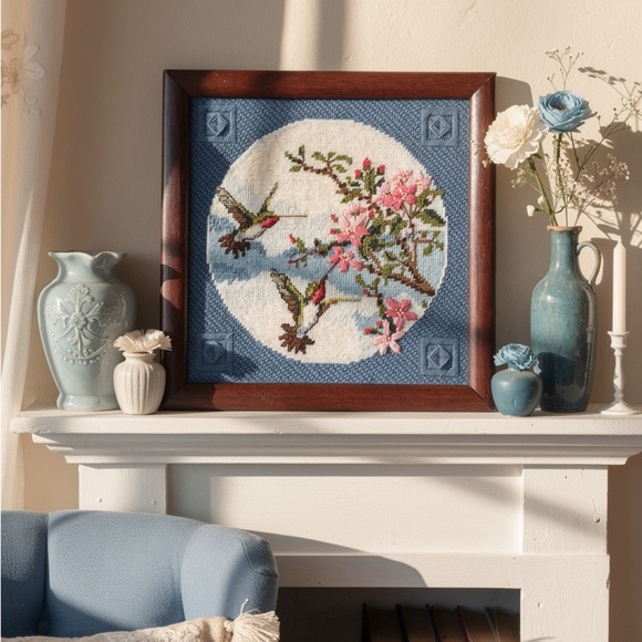 Vintage Framed Needlepoint Artwork Hummingbirds & Pink Cherry Blossoms - Picture 3 of 8